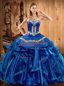 Embroidery and Ruffles Sweet 16 Quinceanera Dress Blue Lace Up Sleeveless Floor Length