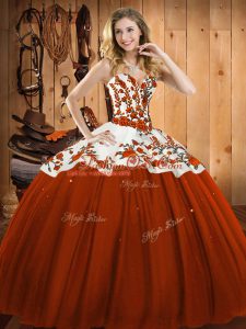 Rust Red Satin and Tulle Lace Up Sweetheart Sleeveless Floor Length Quinceanera Gowns Embroidery