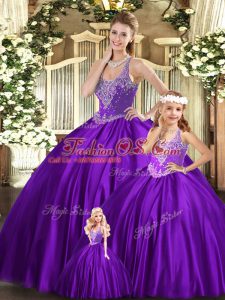Purple Sleeveless Beading Floor Length Quince Ball Gowns