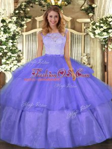 Lace and Ruffled Layers Sweet 16 Dresses Lavender Clasp Handle Sleeveless Floor Length