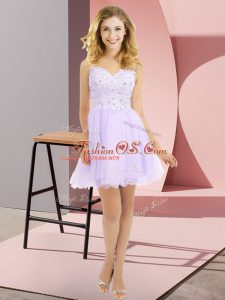 Lavender Tulle Side Zipper Bridesmaid Gown Sleeveless Mini Length Beading and Lace
