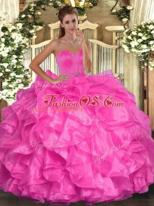 Cheap Floor Length Lace Up Quinceanera Gowns Hot Pink for Military Ball and Sweet 16 and Quinceanera with Beading and Ruffles
