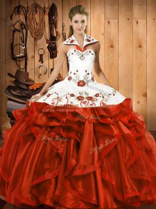 Sleeveless Satin and Organza Floor Length Lace Up Ball Gown Prom Dress in Rust Red with Embroidery and Ruffles