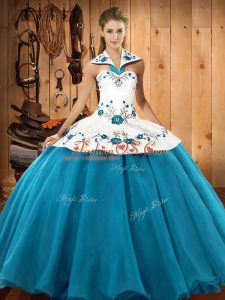 Elegant Floor Length Teal Ball Gown Prom Dress Halter Top Sleeveless Lace Up