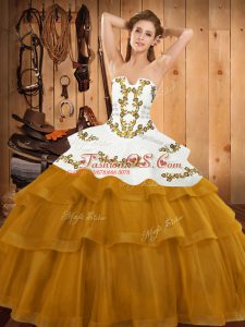 High End Gold Lace Up 15 Quinceanera Dress Embroidery and Ruffled Layers Sleeveless Sweep Train