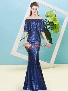 Custom Designed Floor Length Royal Blue Prom Dresses Off The Shoulder Half Sleeves Zipper