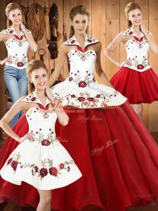 White And Red Sleeveless Embroidery Floor Length Quince Ball Gowns