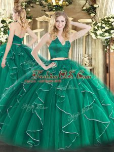 Fitting Dark Green Zipper Quinceanera Dress Ruffles Sleeveless Floor Length