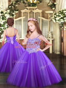 Discount Ball Gowns Girls Pageant Dresses Lavender Spaghetti Straps Tulle Sleeveless Floor Length Lace Up