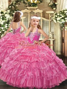 Superior Rose Pink Lace Up Little Girl Pageant Dress Beading and Ruffled Layers and Pick Ups Sleeveless Floor Length