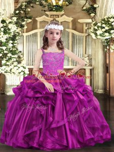 Excellent Straps Sleeveless Organza Little Girl Pageant Gowns Beading and Ruffles Lace Up