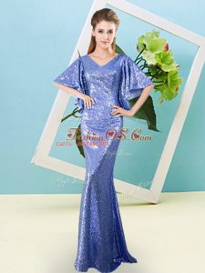 Perfect Blue Prom Dress Prom and Party with Sequins V-neck Half Sleeves Zipper