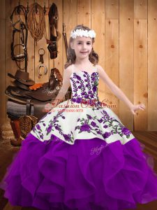 Floor Length Purple Glitz Pageant Dress Organza Sleeveless Embroidery and Ruffles