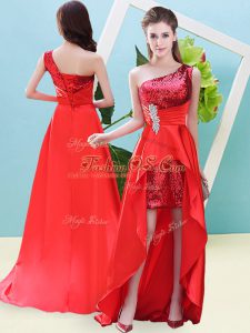 Wonderful A-line Prom Gown Red One Shoulder Elastic Woven Satin and Sequined Sleeveless High Low Lace Up