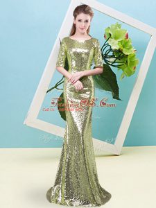 Yellow Green Sequined Zipper Prom Party Dress Half Sleeves Floor Length Sequins