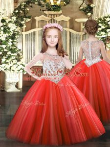 Floor Length Coral Red Little Girl Pageant Dress Scoop Sleeveless Zipper