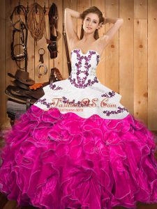 Popular Fuchsia Ball Gowns Satin and Organza Strapless Sleeveless Embroidery and Ruffles Floor Length Lace Up 15 Quinceanera Dress