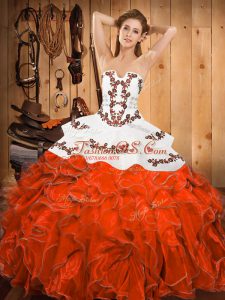 Customized Embroidery and Ruffles Quinceanera Dresses Rust Red Lace Up Sleeveless Floor Length