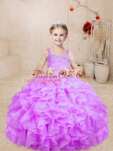 Lilac Sleeveless Floor Length Beading Lace Up Little Girl Pageant Gowns