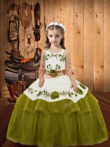 Low Price Straps Sleeveless Little Girls Pageant Dress Floor Length Embroidery and Ruffled Layers Olive Green Organza