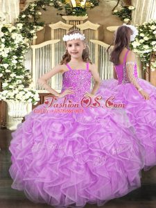 Lilac Sleeveless Floor Length Beading and Ruffles Lace Up Little Girl Pageant Dress
