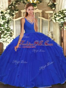 Blue Ball Gowns Ruffles Quinceanera Dresses Backless Organza Sleeveless Floor Length