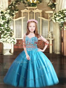 Customized Baby Blue Tulle Lace Up Straps Sleeveless Floor Length Pageant Gowns For Girls Beading