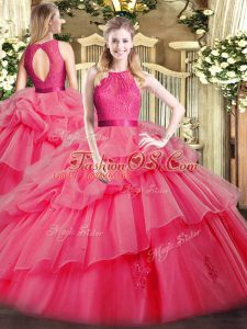 Dazzling Coral Red Sleeveless Floor Length Lace and Ruffled Layers Zipper 15 Quinceanera Dress