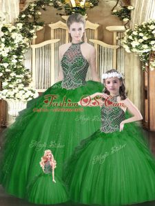 New Style Sleeveless Floor Length Beading and Ruffles Lace Up Vestidos de Quinceanera with Green