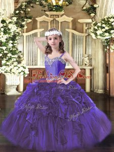Purple Pageant Gowns Party and Quinceanera and Wedding Party with Beading and Ruffles Straps Sleeveless Lace Up