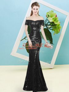 Black Zipper Off The Shoulder Sequins Prom Party Dress Sequined Short Sleeves