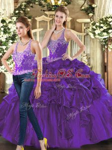 Adorable Purple Lace Up Straps Beading and Ruffles Vestidos de Quinceanera Tulle Sleeveless