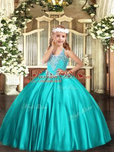 V-neck Sleeveless Satin Child Pageant Dress Beading Lace Up
