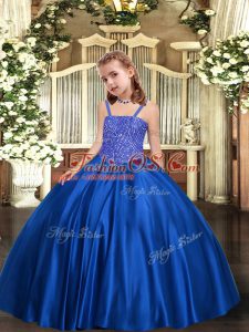 Admirable Floor Length Royal Blue Little Girls Pageant Gowns Satin Sleeveless Beading