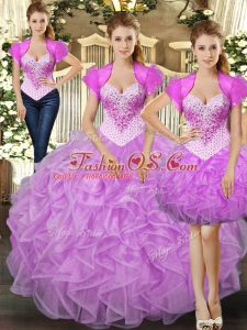 Gorgeous Floor Length Lilac Quince Ball Gowns Tulle Sleeveless Beading and Ruffles