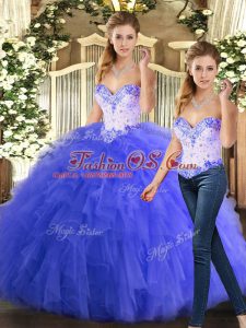 Organza Sweetheart Sleeveless Lace Up Beading and Ruffles Sweet 16 Dress in Blue