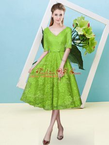 Most Popular Lace Half Sleeves Tea Length Wedding Guest Dresses and Bowknot