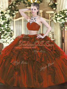 Most Popular Rust Red Two Pieces Tulle High-neck Sleeveless Beading and Ruffles Floor Length Backless Sweet 16 Dress