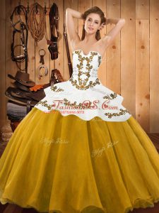 Super Gold Ball Gowns Strapless Sleeveless Tulle Floor Length Lace Up Embroidery Quinceanera Dress