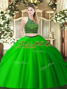 Floor Length Green Quinceanera Dresses Halter Top Sleeveless Zipper