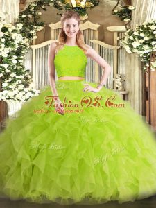 Noble Yellow Green 15 Quinceanera Dress Military Ball and Sweet 16 and Quinceanera with Ruffles Scoop Sleeveless Zipper