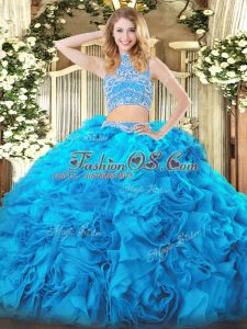 Tulle High-neck Sleeveless Backless Beading and Ruffles Quinceanera Dress in Aqua Blue