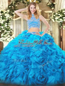 Tulle High-neck Sleeveless Backless Beading and Ruffles Quinceanera Dress in Aqua Blue