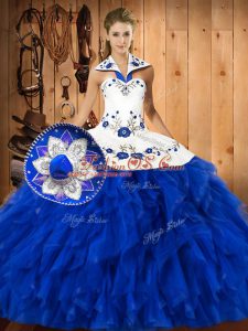 Popular Blue And White Sleeveless Embroidery and Ruffles Floor Length Sweet 16 Dresses
