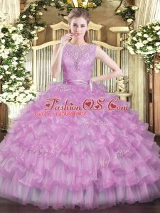 Affordable Lilac Tulle Backless 15 Quinceanera Dress Sleeveless Floor Length Beading and Ruffled Layers