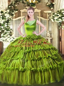 Glittering Scoop Sleeveless Quinceanera Dress Floor Length Beading and Ruffled Layers Olive Green Organza