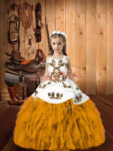 Floor Length Gold Child Pageant Dress Organza Sleeveless Embroidery and Ruffles
