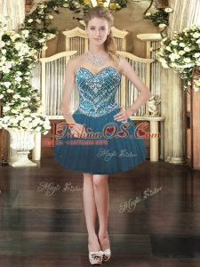 Sleeveless Tulle Mini Length Lace Up Prom Dress in Teal with Beading