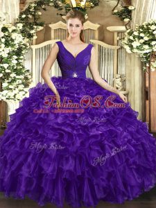 Popular Organza Sleeveless Floor Length Quinceanera Dresses and Beading and Ruffles