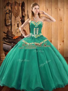 Sweetheart Sleeveless 15th Birthday Dress Floor Length Embroidery Turquoise Satin and Tulle